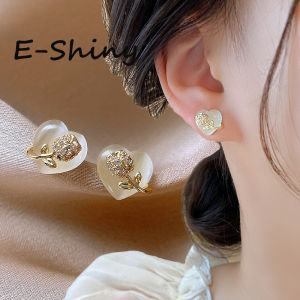Elegant White Transparent Resin Opal Stone Earrings & Rhinestone Flower Love Heart Earstuds for Women & Girls