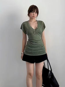 Slim Fit Short Sleeve T-Shirt Womens Summer Korean Style Batwing Sleeve Low V-Neck Thin Cotton Top Breathable Moisture Wicking