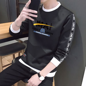 Mens round Neck Long Sleeve Sweatshirt Spring Autumn New Korean Version Printed Base Shirt Inner Wear for College Students