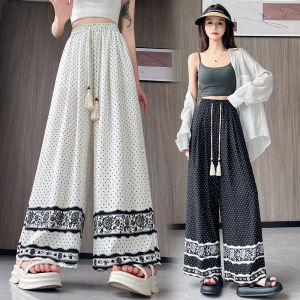 Yimei mùa hè mới của phụ nữ dây rút in Polka Dot quần ống rộng lỏng lẻo và linh hoạt phong cách kỳ nghỉ thoải mái vải lanh và cotton giản dị quần