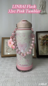 LINBAI Flask 32oz Insulated Vacuum Sakura Tumbler with Straw Lid Leakproof Double Wall Water Bottle w/ Silicone Boot