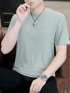 HENGYUANXIANG | Áo thun tay ngắn Ice Silk thoáng khí mùa hè cho nam Áo thun cotton co giãn cổ tròn in chữ thời trang thường ngày