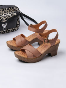 Womens High Heel Leather Sandals Arch Support Roman Style Comfortable Cross Buckle TPU Outsole Breathable Slip-On Shoes