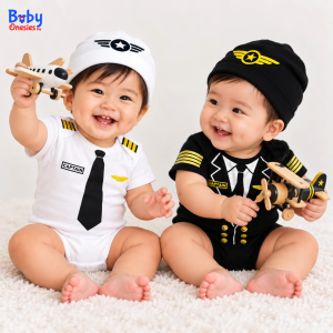 Baby Pilot Captain Costume Onesie with Bonnet 100% Cotton Newborn Infant Baby Boy Outfit Photoshoot Aviation Uniform