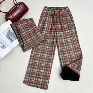 Thickened Woolen Plaid Christmas Party Lazy Style Retro Checkered Pants Women Winter Versatile Casual Pants Wide Leg Straight Tube