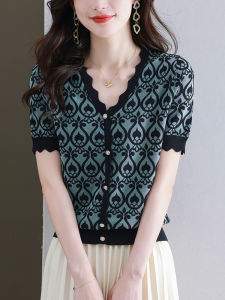 plus Size Summer Ice Silk Knitted T-Shirt Women Loose V-Neck Short Sleeve Comfortable Slimming Effect Korean Style Top