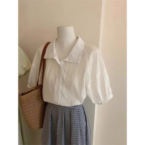 เสื้อเชิ้ตผู้หญิงแขนพองสีขาวสไตล์ฝรั่งเศส ทรงหลวม ทรงบาง ผ้าชีฟอง ทรงไหล่ แขนสั้น เสื้อตัวบน ฤดูร้อน 2025 ใหม่