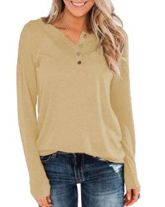 Casual Long Sleeve round Neck Button T-Shirt Womens Pullover Top Breathable Comfortable Synthetic Fiber Universal Fit Loose Style