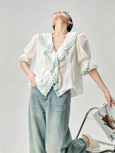 GULILI | Country Style Lace Trim Ruffle Sleeve Shirt Female