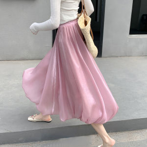 2025 Summer High end Satin Floral Bud Skirt for Girls with Elastic Waist Solid Color A-line Dress