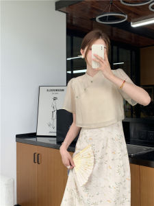 ชุดเดรสยาวปานกลางสไตล์จีนใหม่ เสื้อเชิ้ตแขนสั้นผ้าไหม Lenzing พร้อมเข็มขัด ชุดแฟชั่นฤดูร้อนสำหรับผู้หญิง