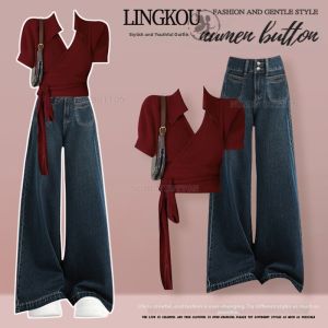 NUMEN BUTTON | Stylish Hong Kong Style Red Polo Collar T-Shirt Vintage Jeans Set
