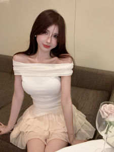 GUZILIAN | Shoulder Bared Slim Fit Top With Chest Exposure Plus High Waist Cake Skirt Set Versatile Korean Style For Young Women