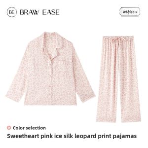 BE | Leopard Print Ice Silk Long Sleeve Pajama Set
