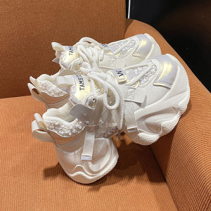 รองเท้าผ้าใบพื้นหนาสไตล์ย้อนยุคแบบสวมสำหรับผู้หญิง ทรงสปอร์ต ฤดูร้อน 2025 รองเท้าผ้าใบพื้นหนาแบบสวมสบาย สไตล์ลำลอง ทรงส้นสูง ทรงหัวมน