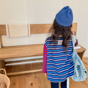 Delicate Mom Long Sleeve Baby Girl T-Shirt Striped Color Block Thin Sweatshirt Korean Style Cotton Polyester Moisture Wicking round Neck Print