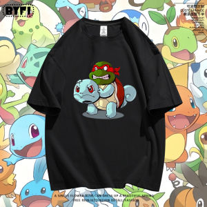 Bandai | Johnny Turtle Ninja Turtles Pok É Mon Co Branded Short Sleeved T-shirt for Men and Women Cosplay Cotton Loose