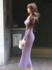 Ge·an·fei | Elegant French Knitted Long Dress Purple