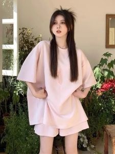 Large Size Cotton Sports Shorts Set for Women Summer Loose Hong Kong Style Casual Two-Piece Set Short Sleeve Pullover