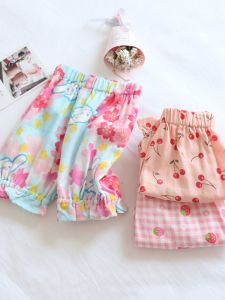 เด็กผู้หญิง ผ้าฝ้าย ชุดนอน กางเกงขาสั้น เชอร์รี่สีชมพู ฤดูร้อน บ้านบาง กางเกง เสื้อผ้าเด็กสไตล์เจ้าหญิง นุ่ม สวมใส่สบาย ผ้าฝ้าย