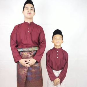 BAJU MELAYU RAYA SLIM FIT COTTON MAROON SEPASANG DEWASA & BUDAK - BAJU RAYA ( C002BM ) BMC