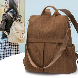 LZ69 Women Corduroy Backpack Vintage Large Capacity Casual Travel Soft Square School Bag L69Z