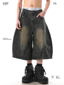 BLANKIN American Retro Summer Deconstructed Knife Edge Denim Seven-Foot Shorts Street Style Design mid Waist Loose Fit Youth Fashion