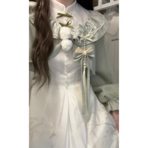 ชุดเดรสยาวแขนยาวสไตล์จีนใหม่พร้อมแจ็คเก็ต ชุดเด็กผู้หญิง ชุดเดรสยาวเอวสูง ปกกระโปรงทรงเอ ฤดูใบไม้ผลิและฤดูใบไม้ร่วง