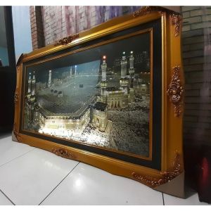 HIASAN DINDING GAMBAR KABAH DAN KOTA MEKKAH 3D BINGKAI KAYU BELGI LAMPUN MENYALA UKURAN JUMBO BESAR 145CMX85CM