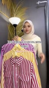 Kemeja Oversize Kantong Dua Bahan Poly Rayon Premium Motif Strip Garis Salur Kancing Aktif