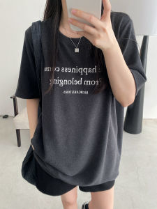 SunYeo Black Chocolate Fleece Short Sleeve round Neck Letter Matching Base Shirt Korean Style Commute Summer Loose Fit T-shirt