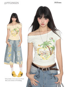 Hot Girl Polka Dot Graffiti Shoulder Bared Short Sleeve T Shirt Women Summer Y2K Short Fit Slimming Shoulder Bared Top