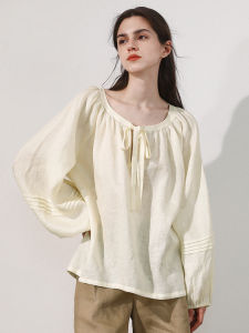 Miccbeirn | Pure Linen French V-neck Artistic Long Sleeve T-shirt Sweet Bow Knot Fashion Lantern Sleeve Leisure Casual Top