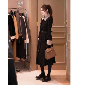 Zhang Yuan Yi Womens Fashionable Black Woolen Coat Autumn Winter High Waist Flap Collar Warmth Fitting Large Coat
