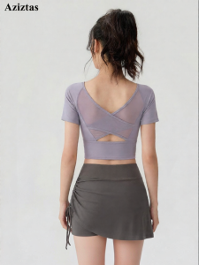 aziztas | Padded Back Beauty Summer Mesh Short Yoga T-Shirt