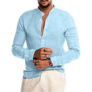 Cotton Linen Hot Sale Mens Long-Sleeved Shirts Summer Solid Color  Stand-Up Collar Casual Beach Style Plus Size