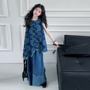 Girls Summer Outfit 2025 New Fashionable Denim Embroidered Vest Skirt Wide Leg Pants Two Piece Set Cotton Korean Style