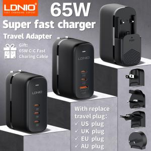 LDNIO GaN 65W USB C Charger Travel Charger PD QC Wall Charger 3 Port International Plug Adapter EU UK US AU Travel Plug Adapter