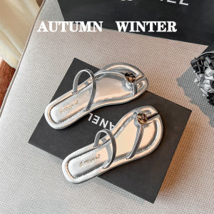 Silver Flat Bottom Slippers Womens Summer Outdoor Wear 2024 New Style Open Toe Slip-On Sandals Comfortable Casual Slippers