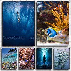 Deep Sea Underwater Fish Coral Reef Marine Organism Diver Poster Canvas Painting and Prints Wall Art Picture for Room Home Decor