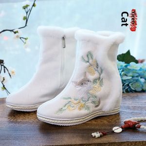 Thickened Fleece Lined High Heel Winter Boots Women Traditional Hanfu Cotton Boots Warm Snow Boots Mid-Calf Short Boots