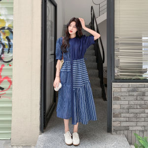 Deep Blue Irregular Striped Patchwork Shirt Dress Womens Summer High-End Design Casual Loose Waist Polyester Fiber A-Line Skirt Short Sleeve