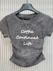 Waist-Cinching American Retro Letter Print Short Sleeve Womens T-Shirt Slim Fit Pleated Waist Short Length Top Citywalk