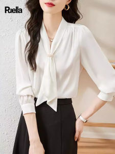 Puella Chic Loose White Shirt Womens Fashionable Winter Outerwear Polyester Fiber Long Sleeve V-neck Gown Elegant Ladylike