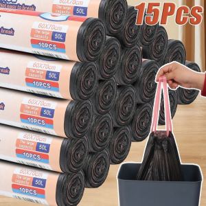 15pcs Trash Bags Drawstring Garbage BagsThickened Disposable Plastic Bag Household Kitchen Portable Garbage Bag Black Garbage Bags