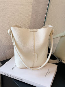 Korean Style Simple Litchi Pattern Bucket Bag Womens Fashion Shoulder Bag Summer Trendy Small Handbag Magnetic Buckle Closure