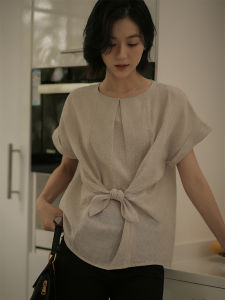 เสื้อยืดคอตตอนผ้าลินินแขนสั้นสไตล์เกาหลีสำหรับผู้หญิงในฤดูร้อนปี 2025 เสื้อตัวบนลายสก็อตสไตล์เกาหลีแบบลำลอง