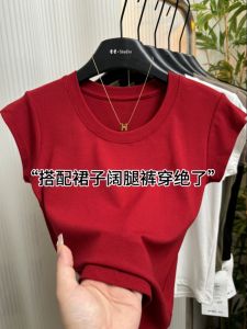 Slim Fit round Neck Short Sleeve T-Shirt Womens Style Korean Fashion Summer New Arrival Red Color Versatile Small Fly Sleeve Top