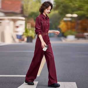 Angola Red Denim Overalls Womens Spring Autumn Casual Workwear Wide Leg Pants One Piece Suit Button Pocket mid Waist Nine Points