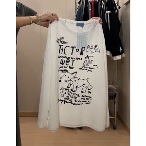 เสื้อยืดคอกลมแขนยาวทรงหลวมสไตล์เกาหลีสำหรับผู้หญิง ลายสุนัขการ์ตูน ทรงสลิมฟิต ทรงหลวม ทรงสลิมฟิต ทรงสลิมฟิต